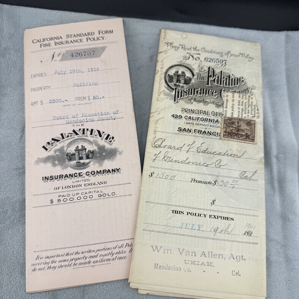Vintage Palatine Insurance Company Document Lot California 1901 1916